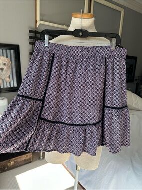 LOFT Pink Patterned Tiered A-Line Skirt with Black Trim, size large